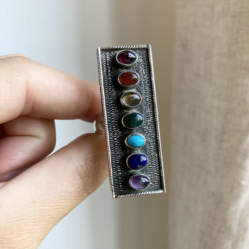 Incredible Vintage Solid Silver Rainbow Crystal Chakra Ring