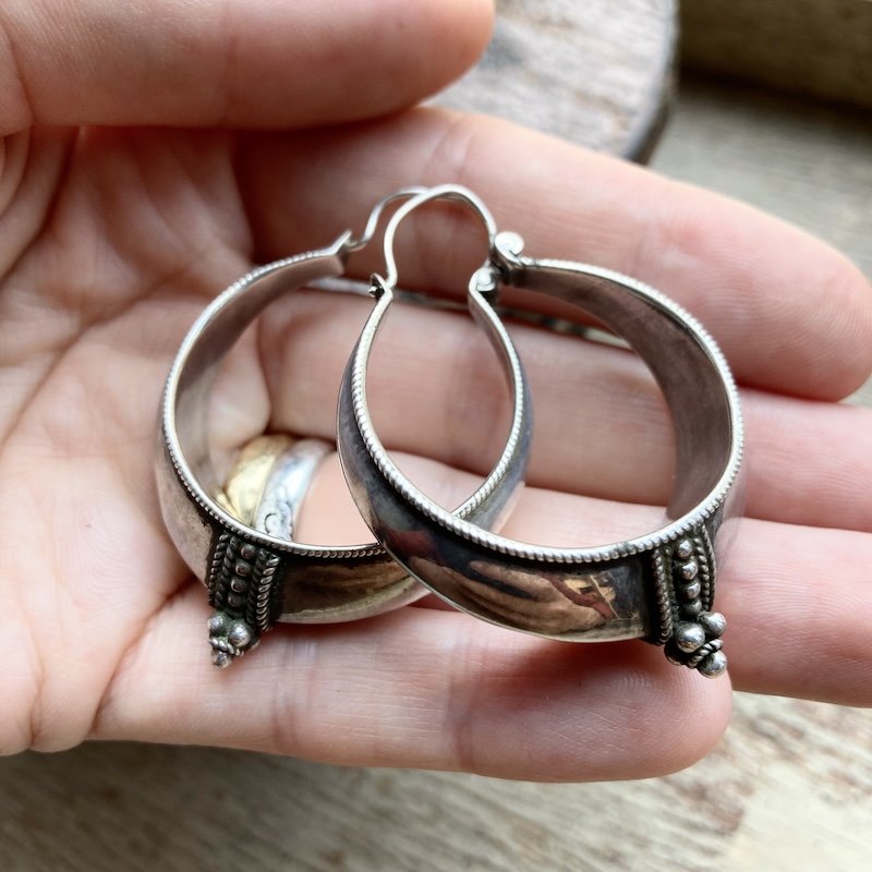 Funky Vintage Indian Sterling Silver Hoops
