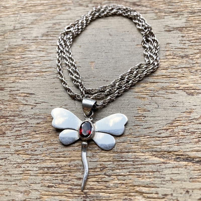 Dreamy Sterling Silver Garnet Dragonfly Necklace
