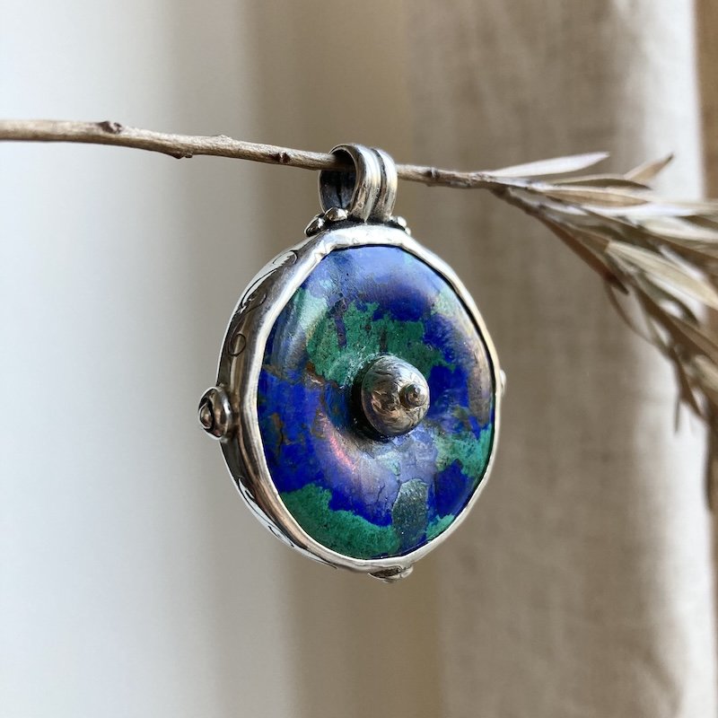 Beautiful Vintage Sterling Silver Azurite Malachite Pendant