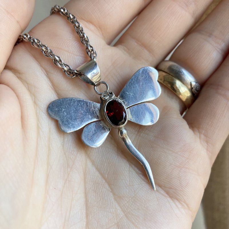 Dreamy Sterling Silver Garnet Dragonfly Necklace