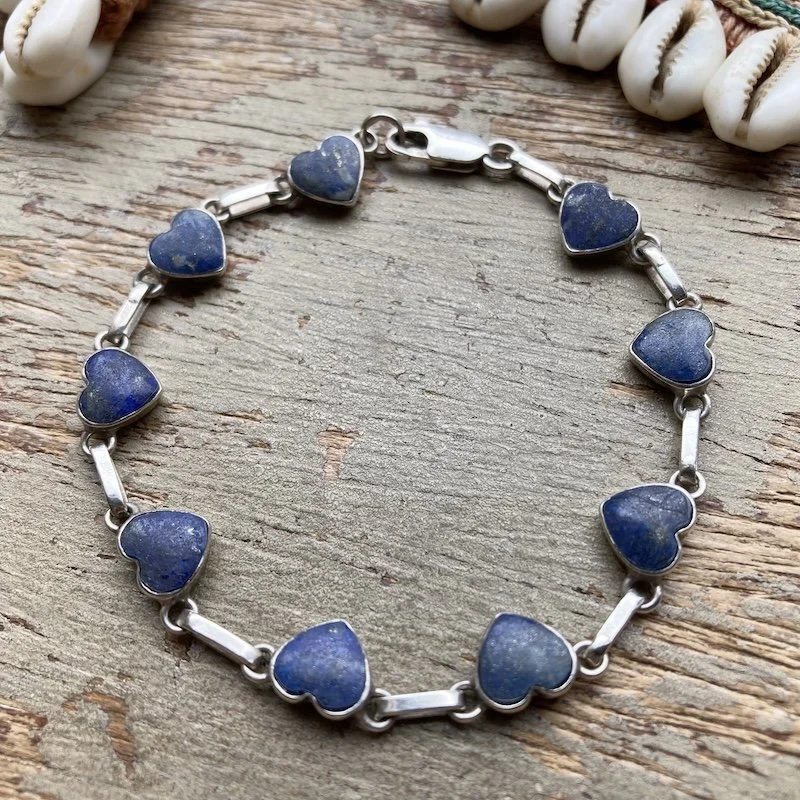 Cute Vintage Sterling Silver Lapis Lazuli Love Heart Bracelet