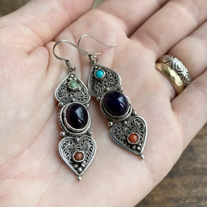 vintage ornate sterling silver amethyst, turquoise and coral earrings 4.jpeg