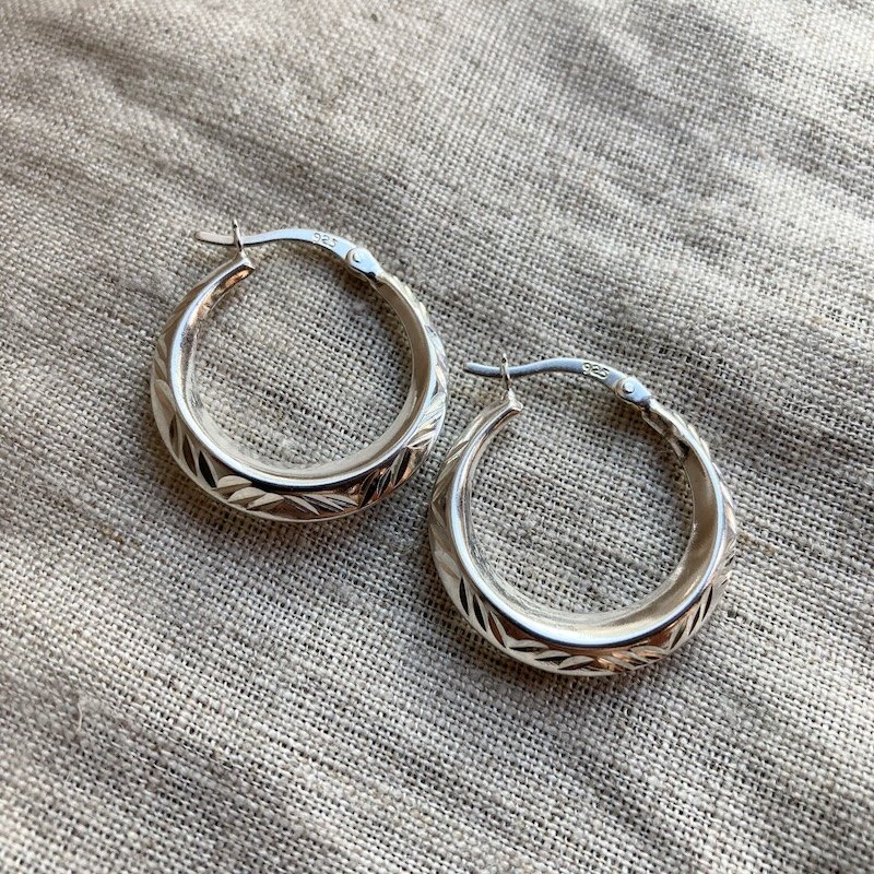 Funky Sterling Silver Engraved Creole Hoops