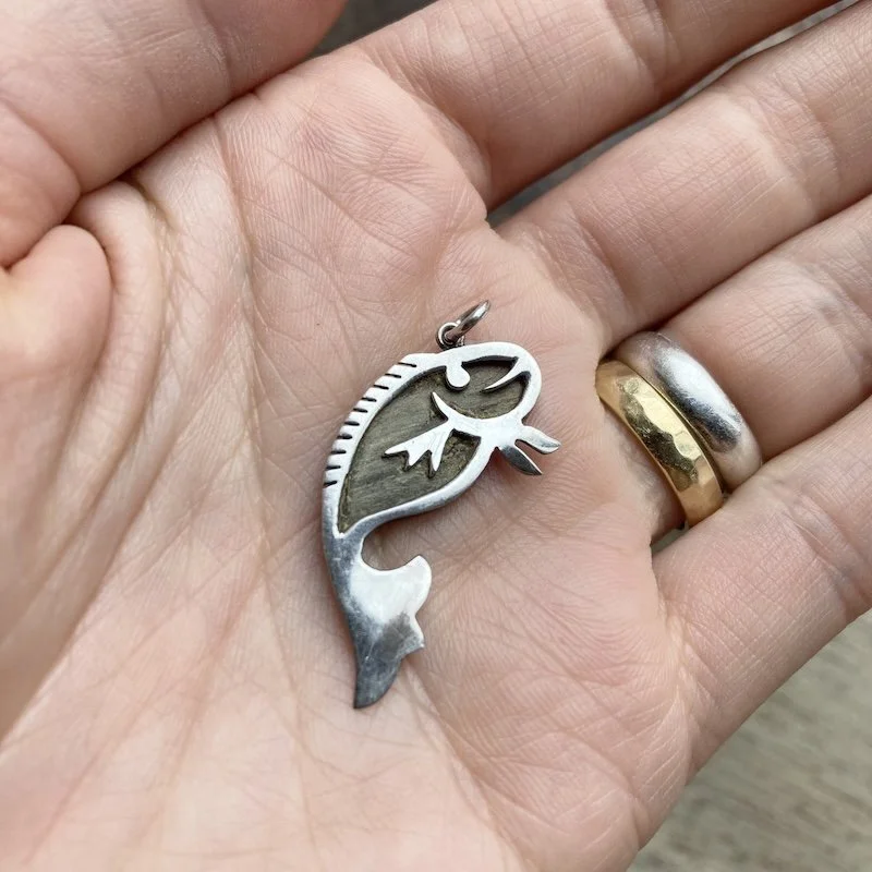 Funky Vintage Inlaid Sterling Silver Fish Pendant