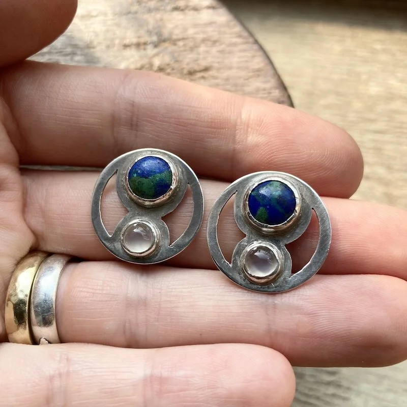 Beautiful Vintage Sterling Silver Azurite-Malachite Earrings