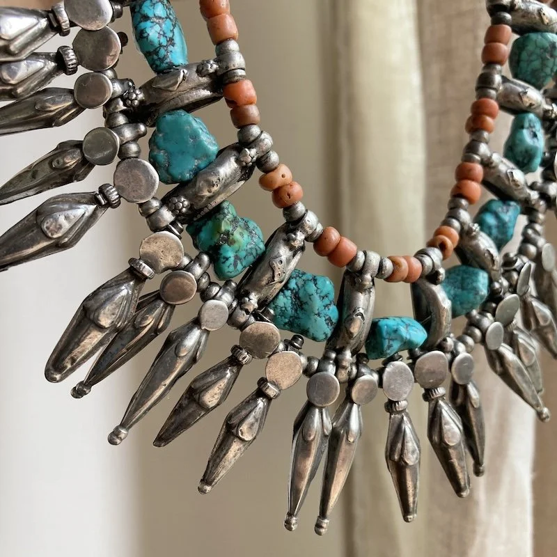 Incredible Vintage Tibetan Sterling Silver, Turquoise and Red Coral Necklace