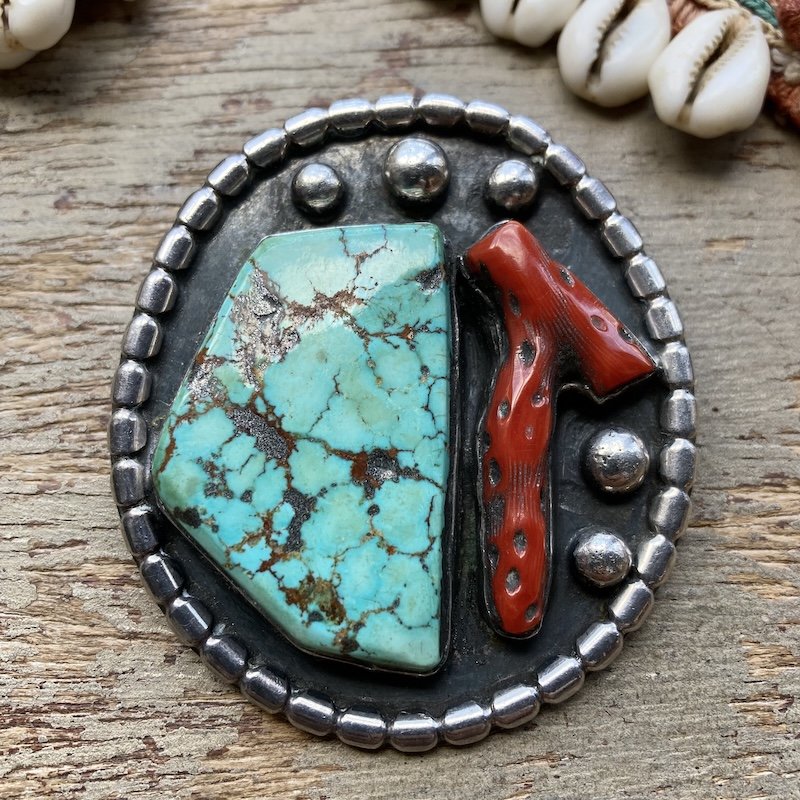 Beautiful Vintage Navajo Solid Silver, Turquoise and Red Coral Pendant