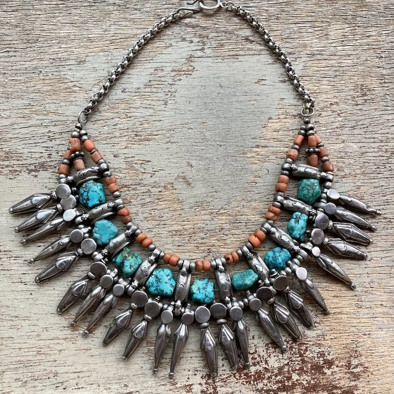 Incredible Vintage Tibetan Sterling Silver, Turquoise and Red Coral Necklace