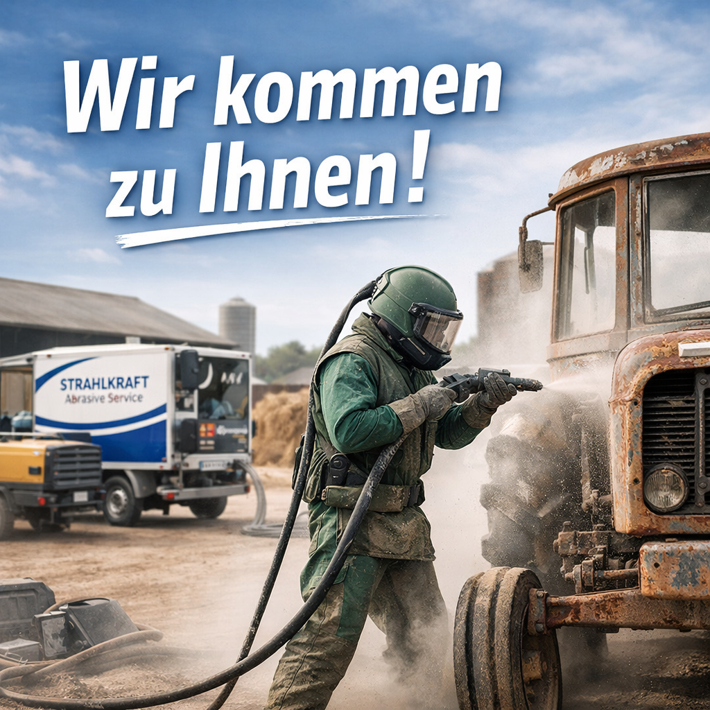 Ein Arbeiter trägt Schutzkleidung und Helm und reinigt einen alten Traktor mit Hochdruckreiniger auf einem Hof mit landwirtschaftlichen Gebäuden im Hintergrund.