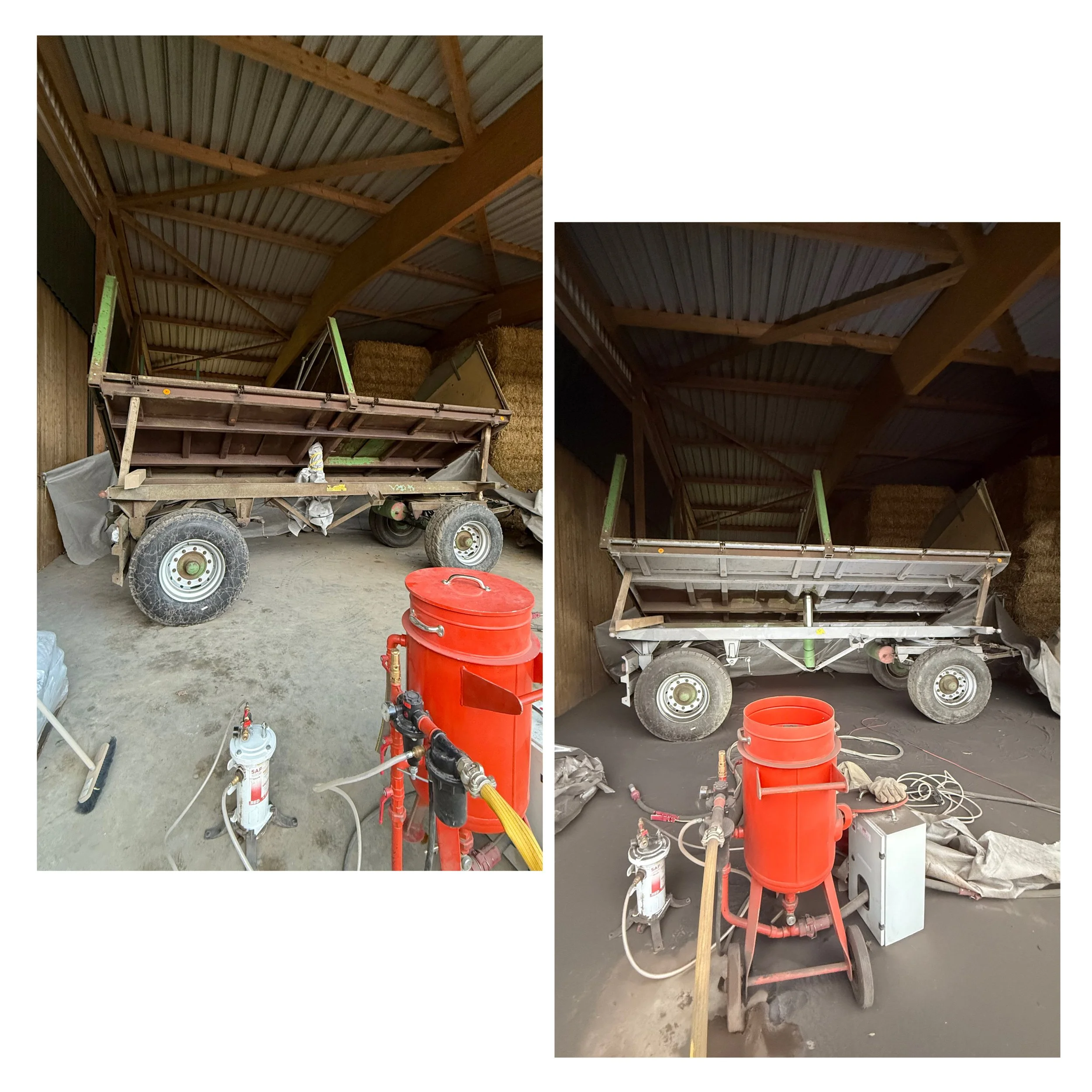 Vergleich zweier Bilder eines landwirtschaftlichen Anhängers im Lagerraum, mit Reinigungs- und Rehabilitierungsgeräten im Vordergrund.