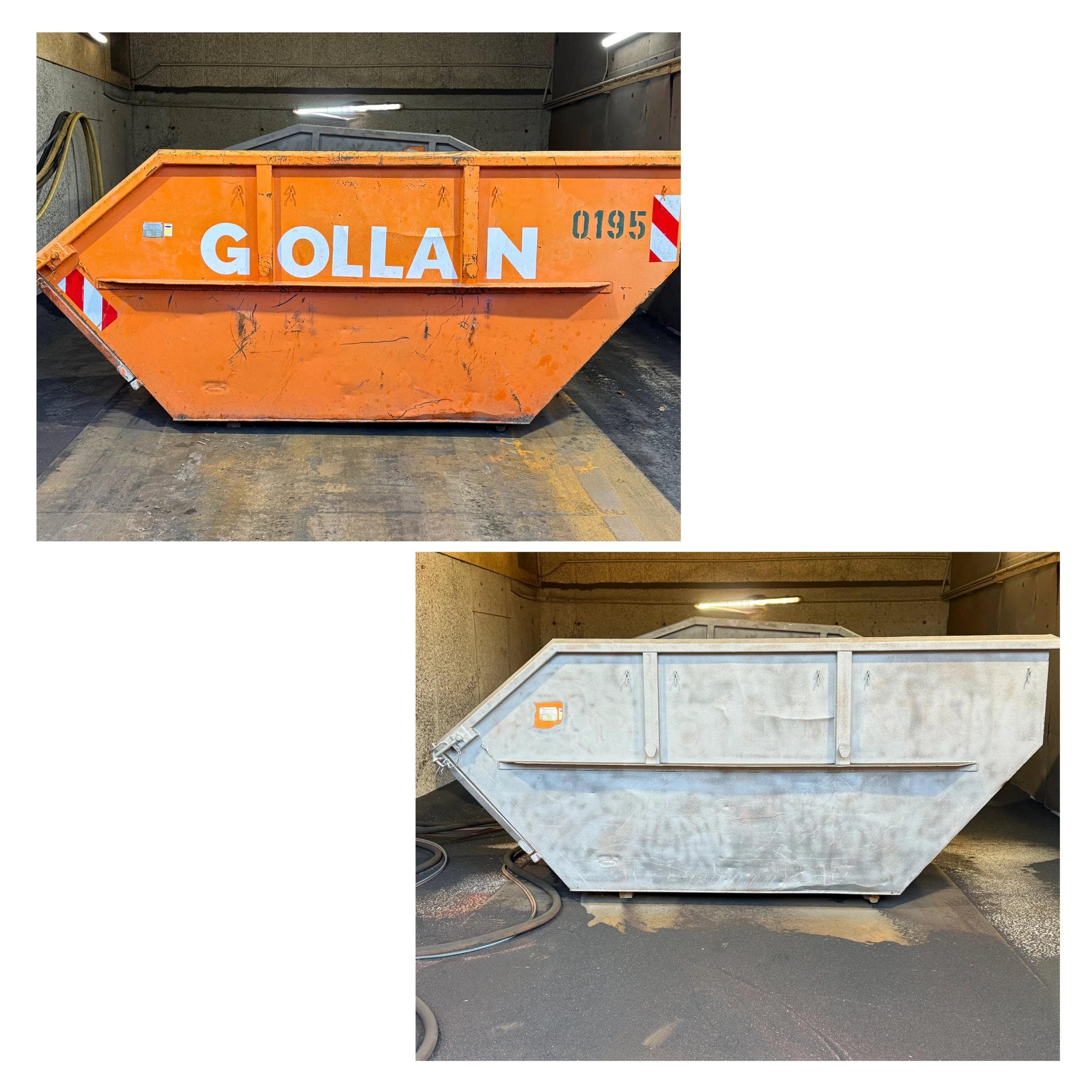 Zwei große gedrungene Container, einer orange mit weißen Buchstaben und einem Nummerncode, der andere grau gestrahlt, in einem Lagerraum