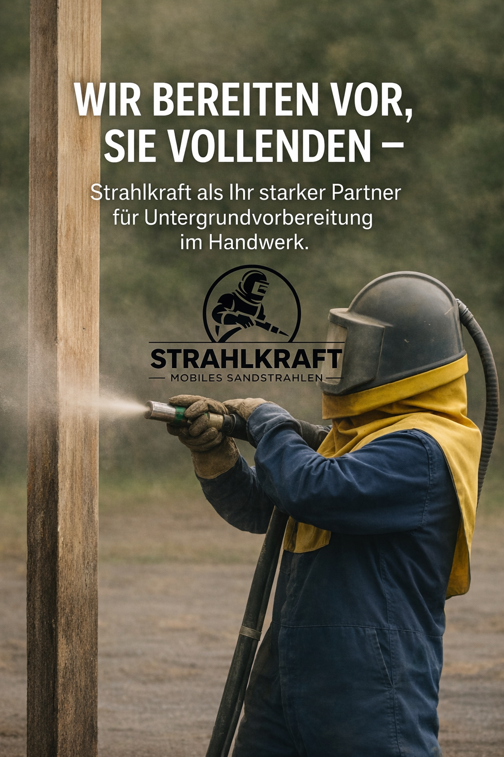 Mitarbeiter trägt Schutzausrüstung und arbeitet mit einem Sandstrahler an einem Holzpfosten im Freien.
