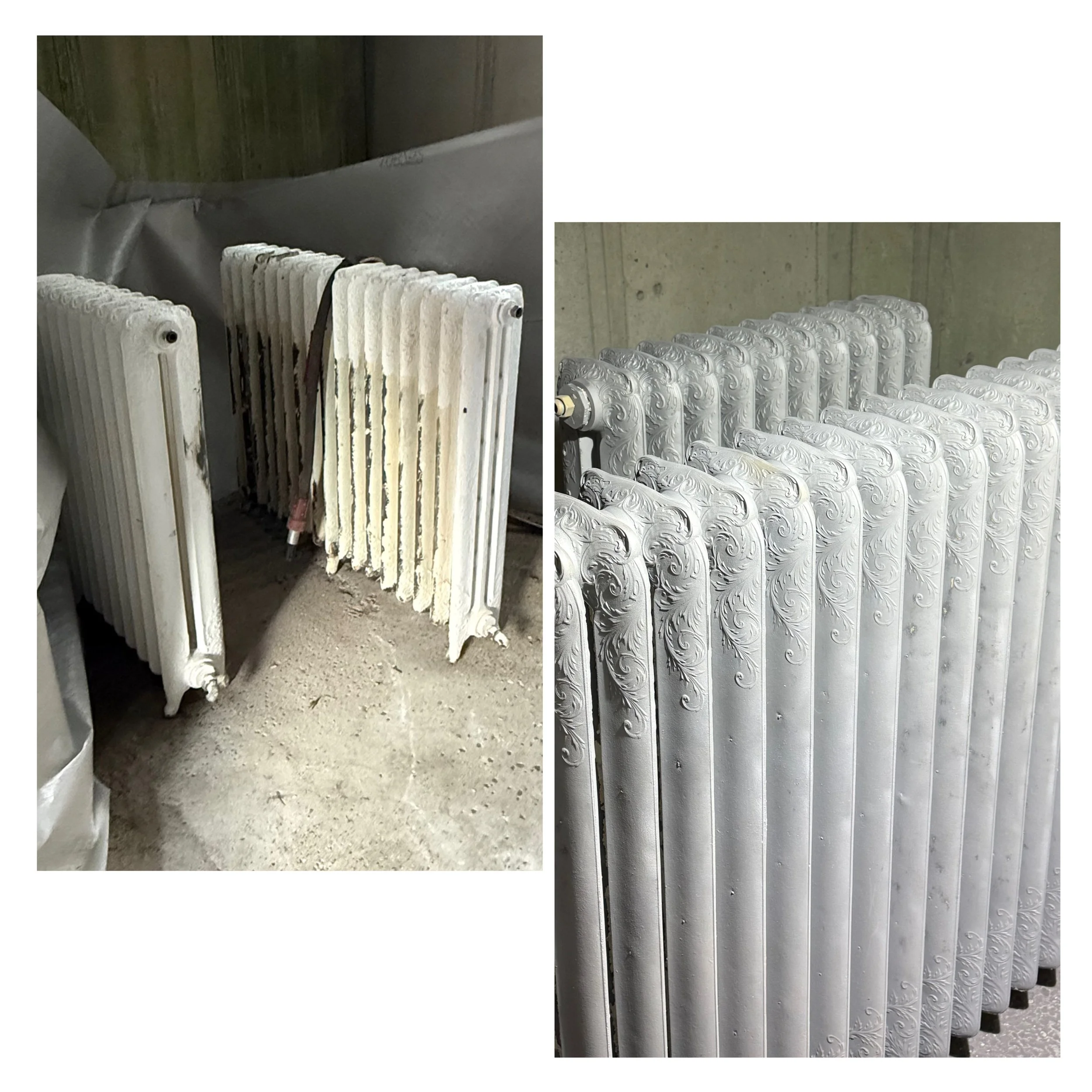 Zwei beschädigte alte Heizkörper auf der linken Seite und ein moderner, dekorativer Heizkörper auf der rechten Seite.