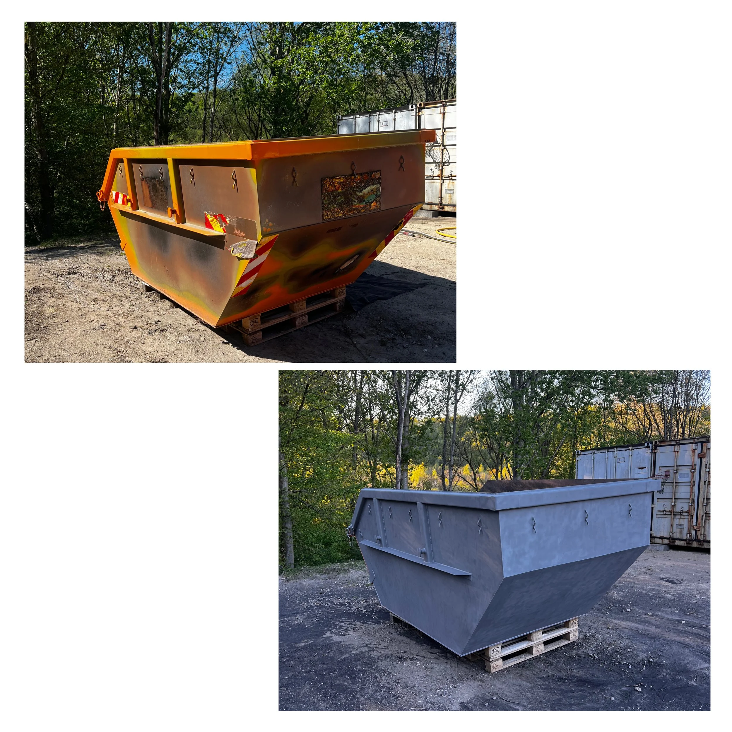 Zwei große Metallbehälter, einer vorne orange mit rotem und weißem Streifen und einer hinten graublau, stehen auf Paletten im Freien, umgeben von Bäumen und weiteren Anlagen.