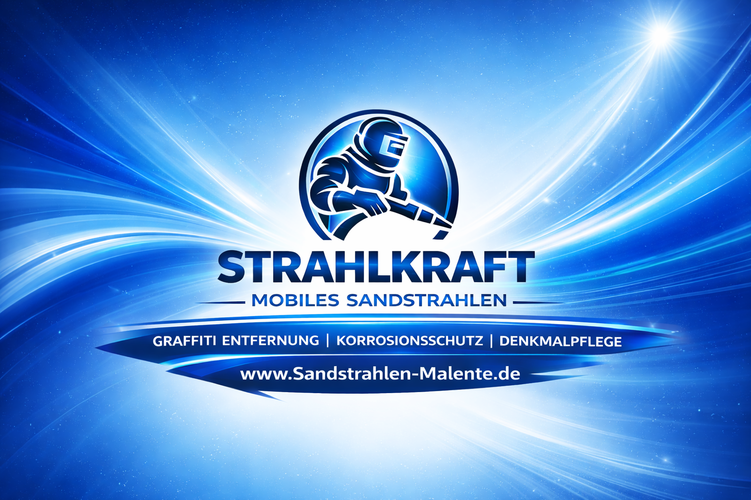 Logo mit futuristischem blauen Hintergrund, ein dynamisch wirkender Handwerker mit Helm und Schutzbrille, Text: STRAHLKRAFT, MOBILES SANDSTRAHLEN, Dienstleistungen wie Graffiti Entfernung, Korrosionsschutz, Denkmalpflege, Website: www.Sandstrahlen-Malente.de
