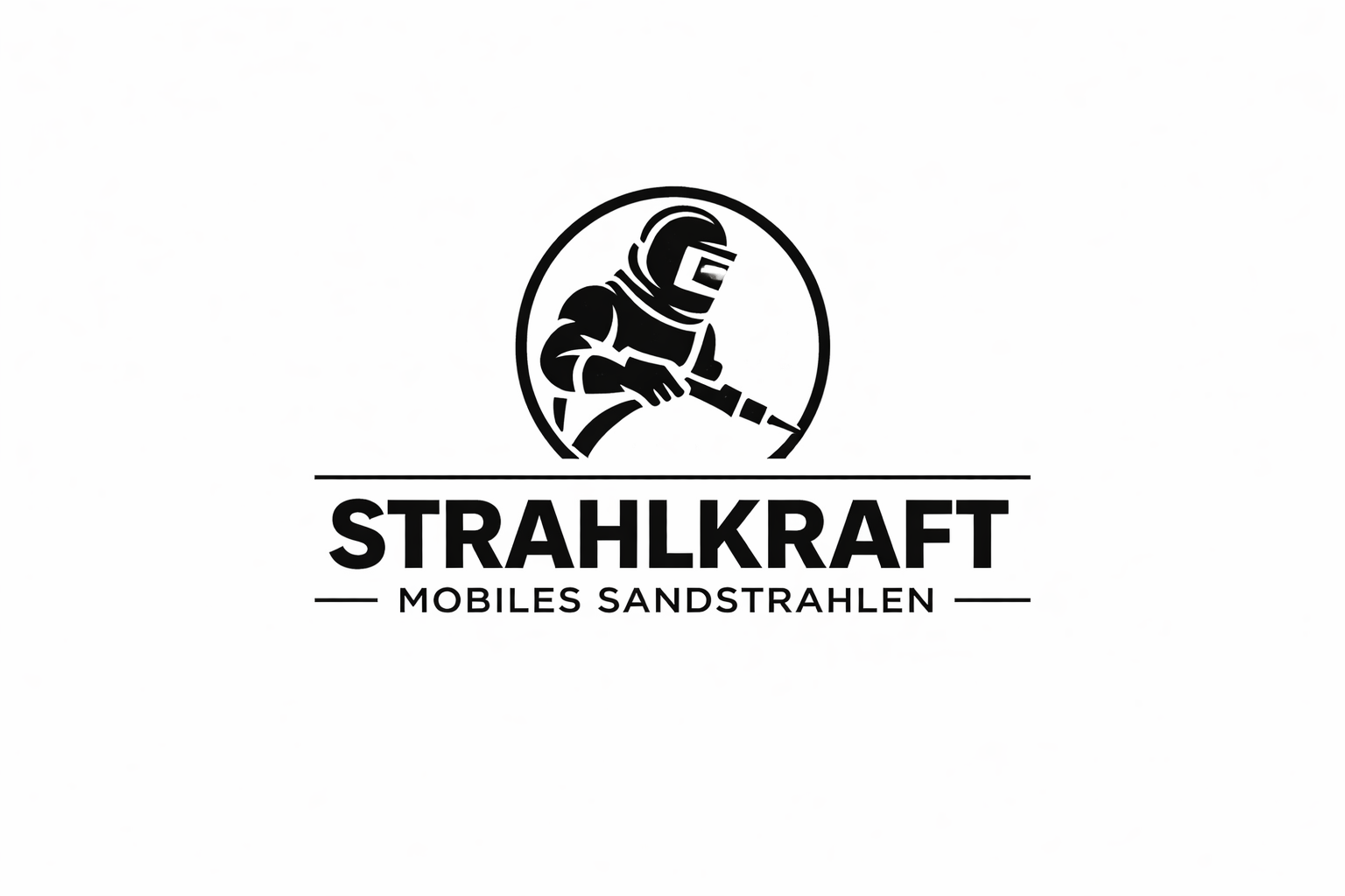 Schwarz-weiß Logo mit einem Sandstrahler in Schutzmontur und Helm, darunter der Text 'STRAHLAKRAFT' und 'MOBILES SANDSTRAHLEN'.
