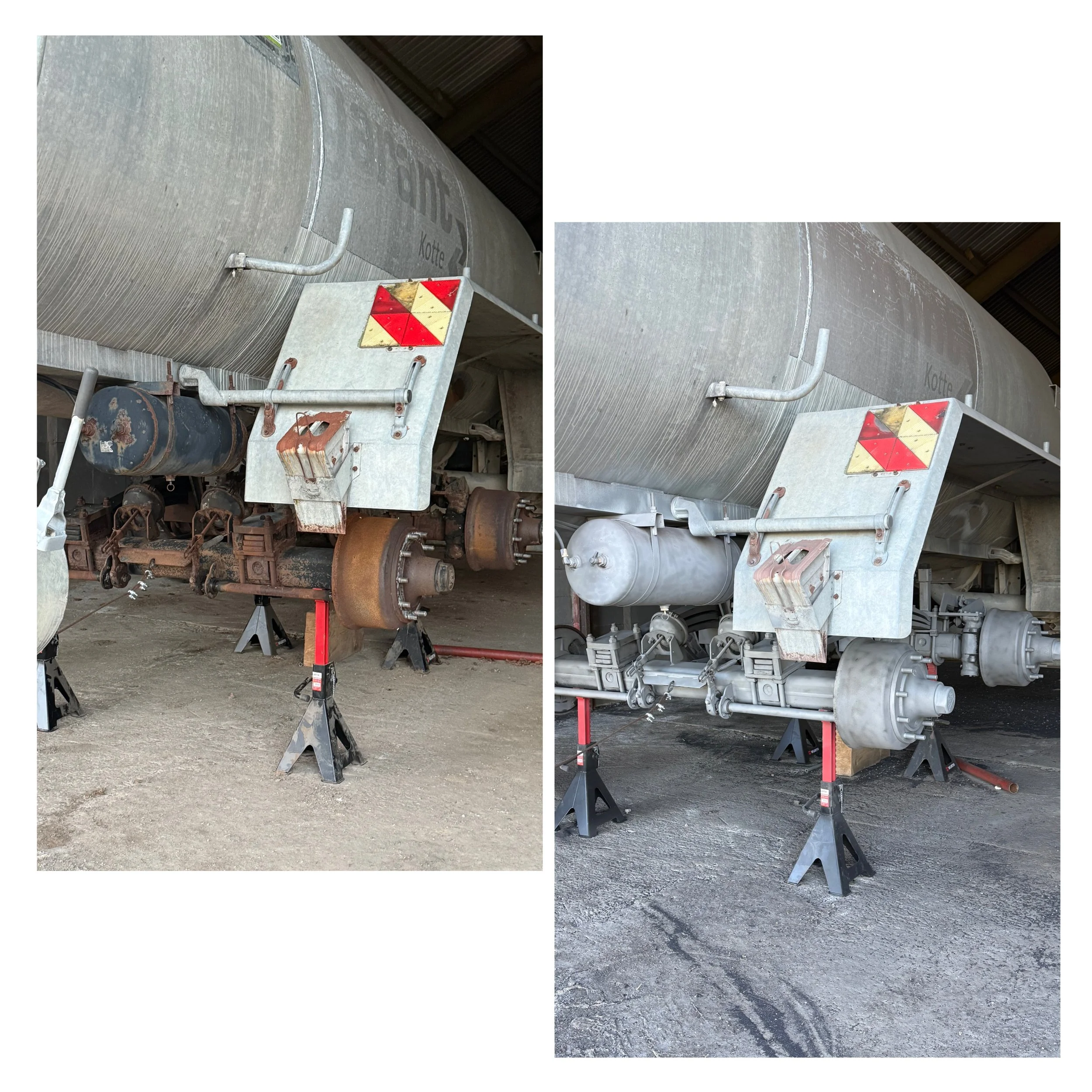 Vergleich zwischen einem alten und einem neuen Tankwagen, beide auf Holzständer im Lager. Der alte Tankwagen zeigt Rost und Abnutzung, während der neue sauber und lackiert ist.