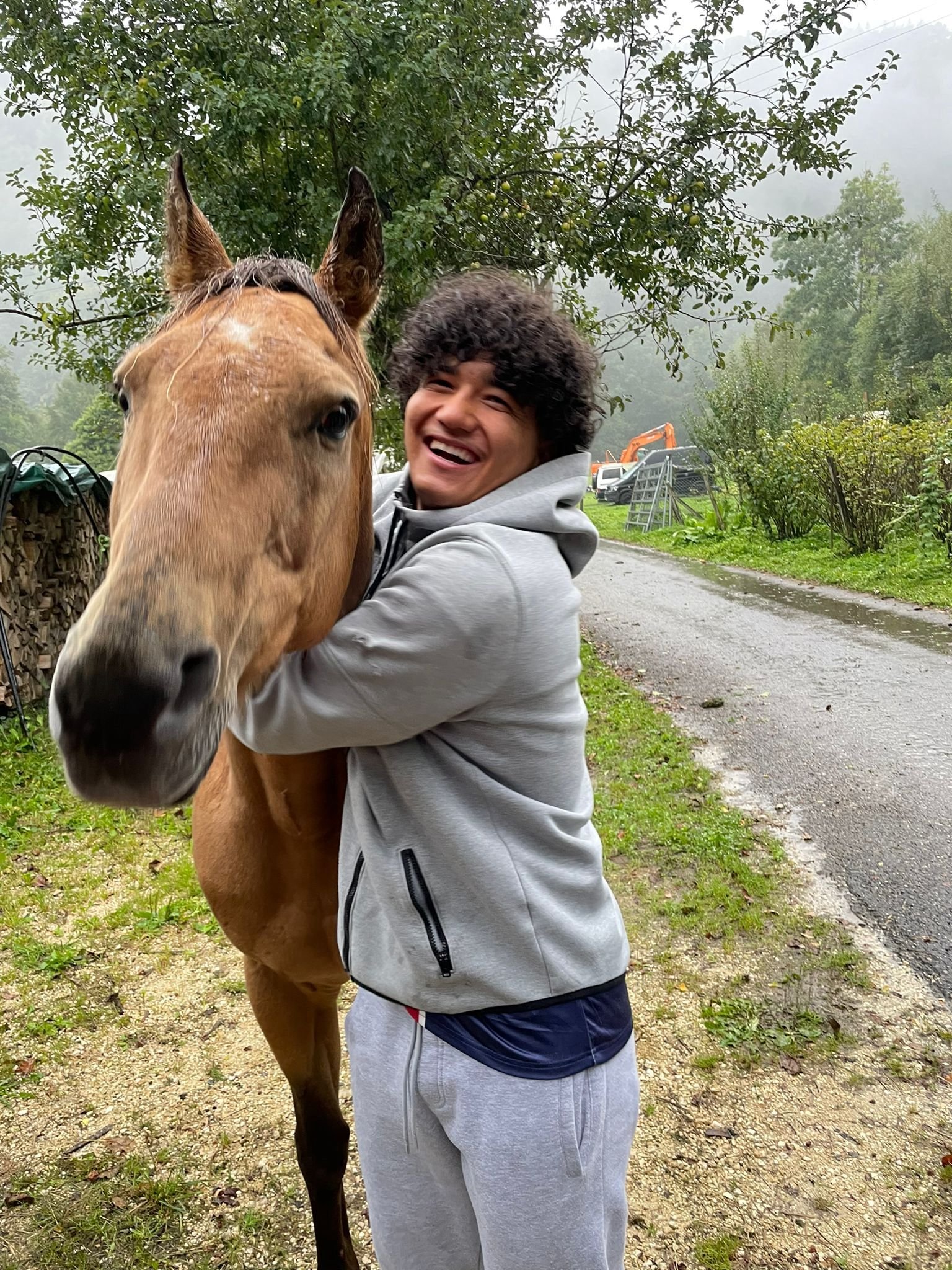 Eine Person umarmt ein braunes Pferd auf einem Weg im Freien, mit Bäumen im Hintergrund.