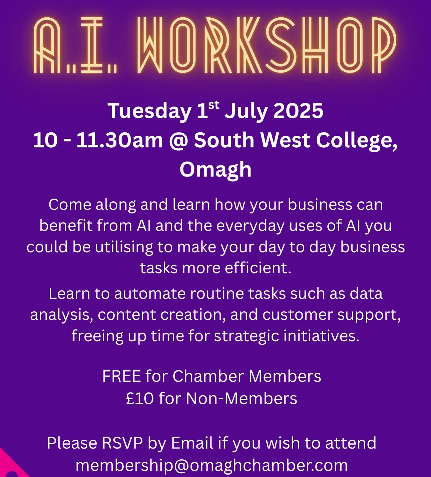 We are very excited to announce our next Chamber event will be an A.I. Workshop!

The event will be hosted by Joanne McGovern from Southwest College Omagh who will lead you through all the amazing ways you can utilise A.I in your everyday business ta
