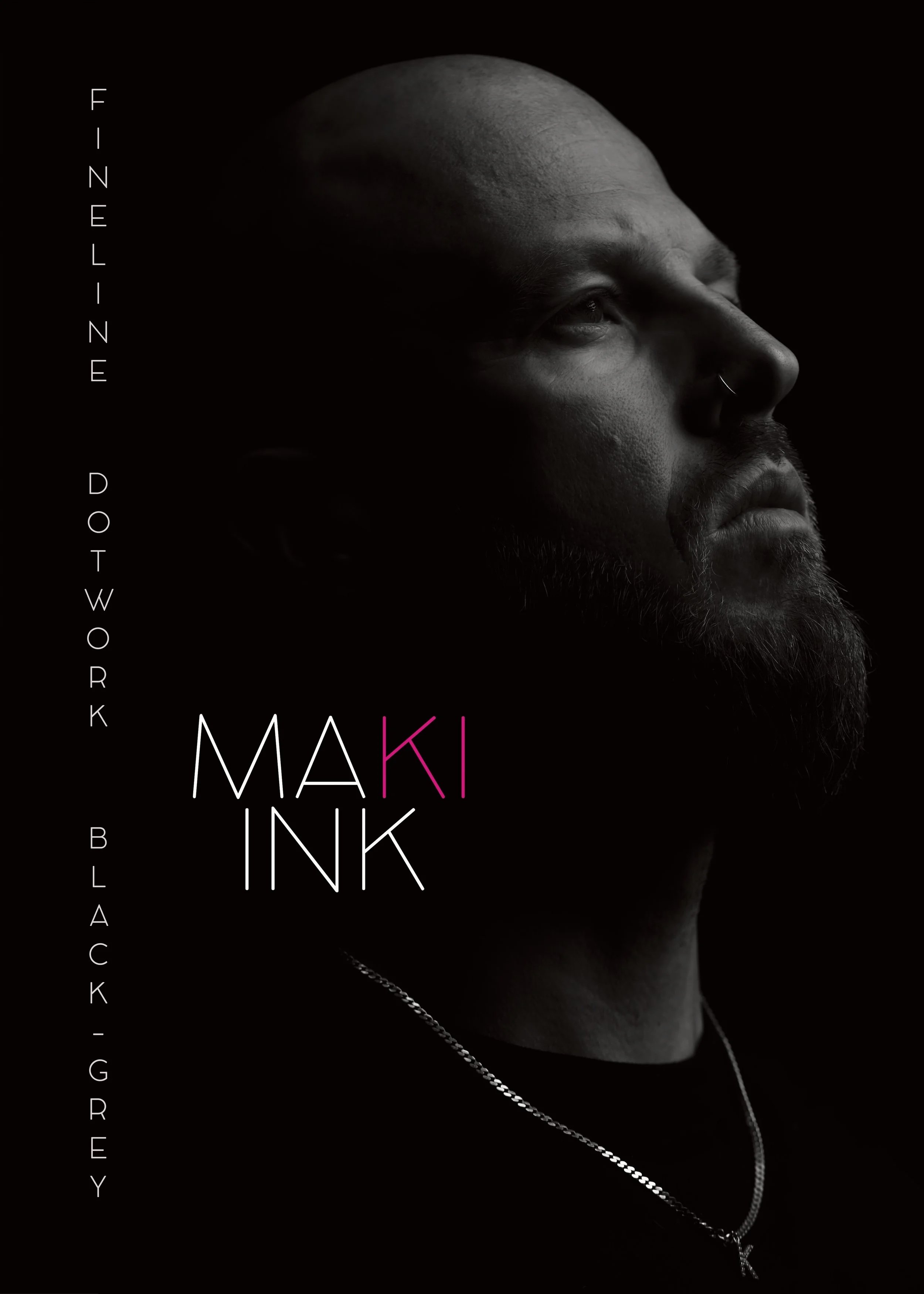 Editorial-Banner von Maki Ink mit Schwarz-Weiß-Portrait und typografischem Design.