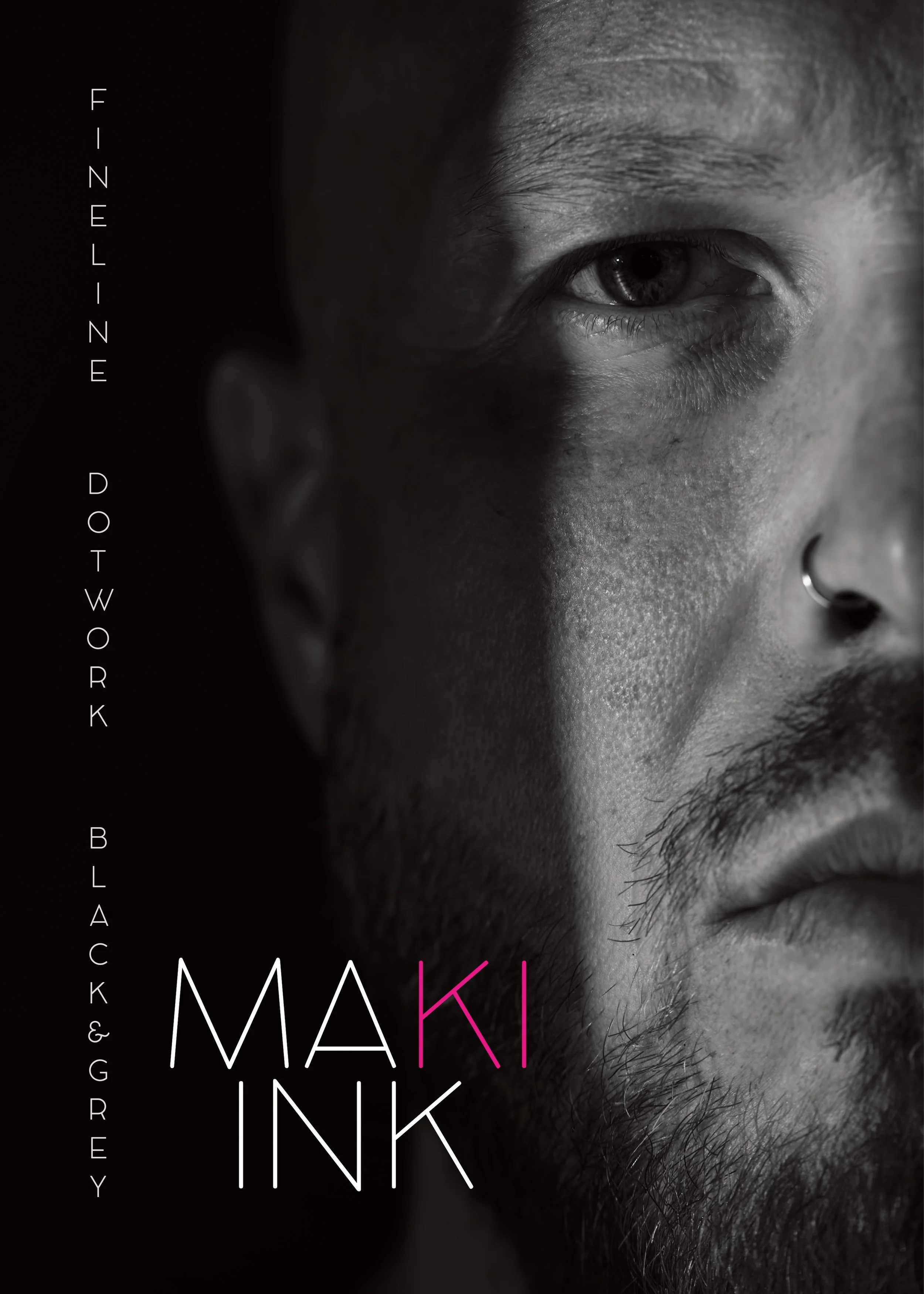 1. Editorial-Banner von Maki Ink mit Schwarz-Weiß-Detailportrait.