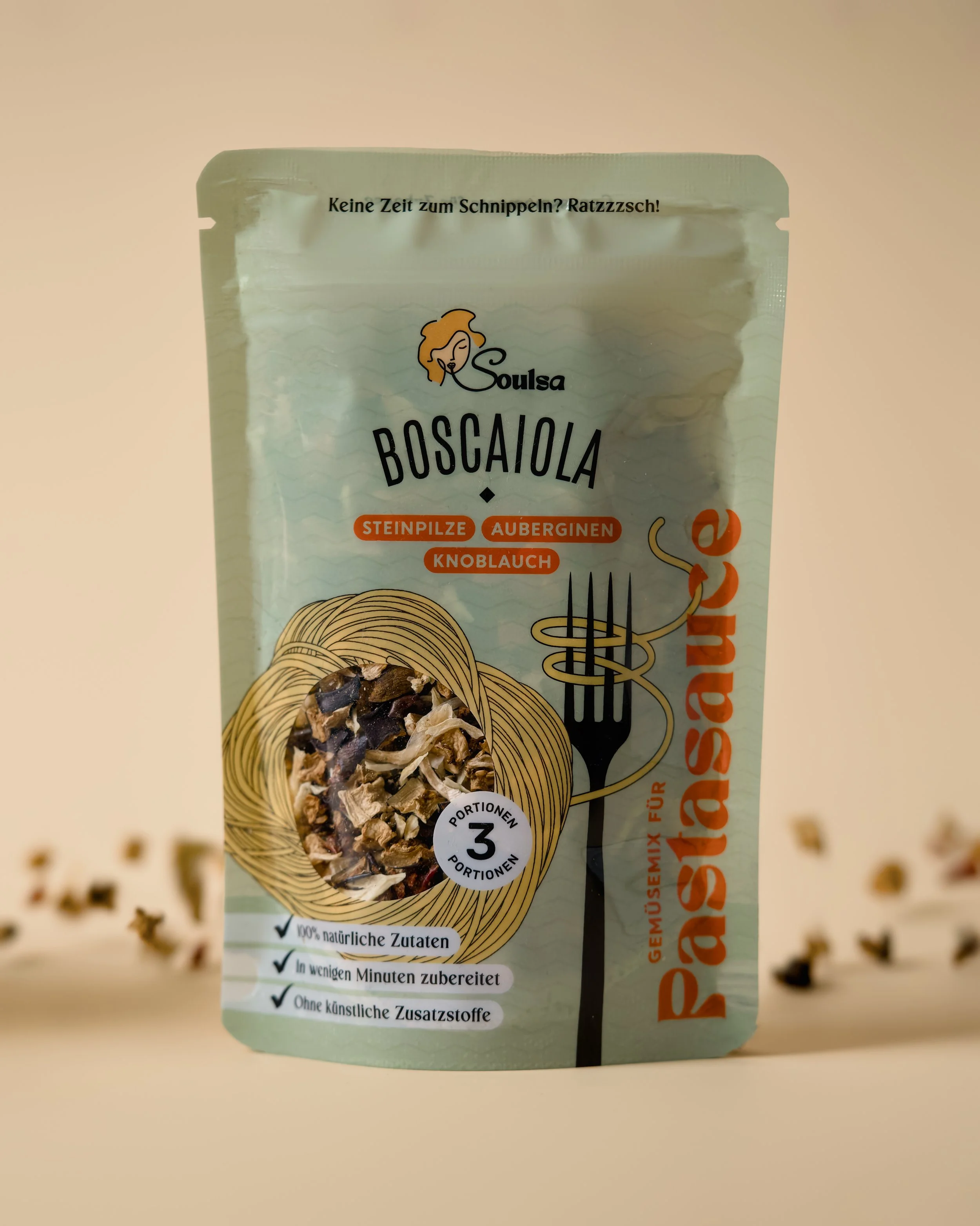 Produktaufnahme einer vegetarischen Soulsa Pasta-Verpackung.