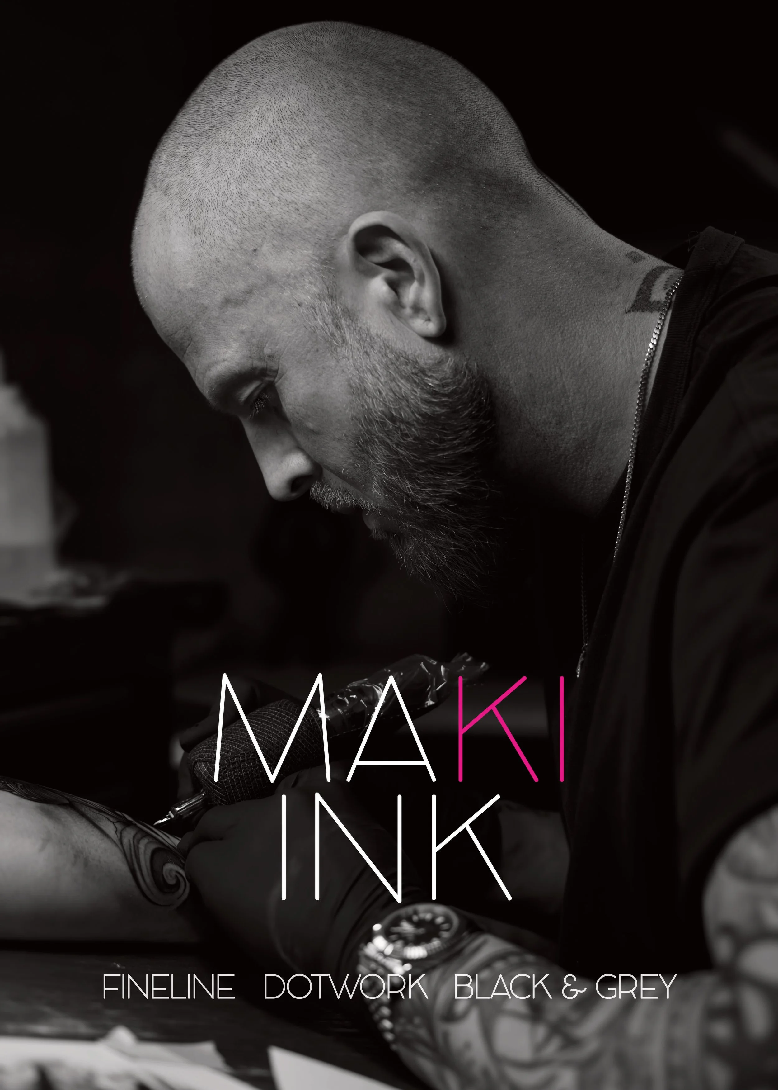 Editorial-Banner von Maki Ink mit Tattoo-Portrait und Fine-Line-Design.