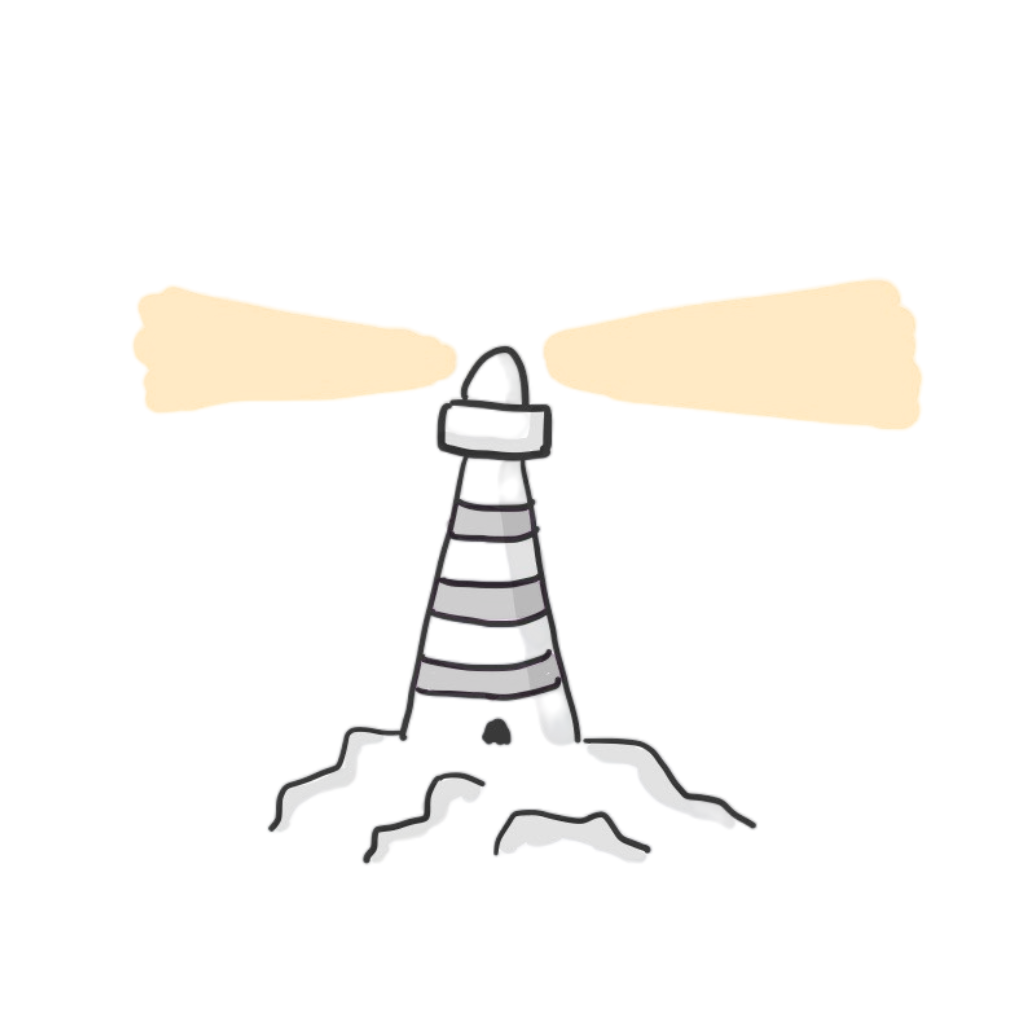 A cartoon lighthouse with a black and white striped body, emitting two beams of light in opposite directions.