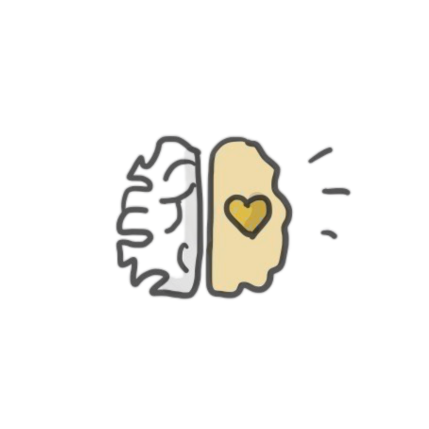 A simple drawing of a brain and a heart side by side, with the heart glowing and a small heart inside it, symbolizing love and intelligence.