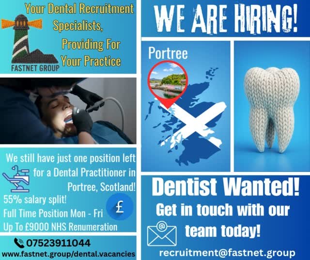 ๐ Dentist Job in Portree, Scotland! ๐ฆท
Just 1 final spot left on our books — don’t miss this dream opportunity! ๐ญ
๐
Full-time, Monday–Friday
๐ท 55% Salary Split + up to £9'000 NHS Remuneration
๐ Based in stunning Portree