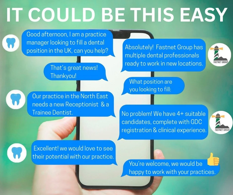 Conversations between Practice Managers and Dental Recruiters don't have to be an annoyance or a fruitless attempt to sell a service.
It can be civil, helpful, informative and benefit both parties. 🤝
Whether your practice is looking for a Dental T