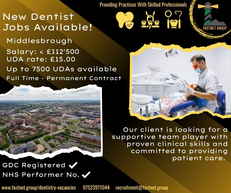 β¨ New Dentist Role – Middlesbrough β¨
Looking for your next big move in dentistry?
We’ve got a fantastic full-time opportunity for a qualified, GDC-registered Dentist in a modern, patient-focused practice.
π· Salary: Up to £112,500