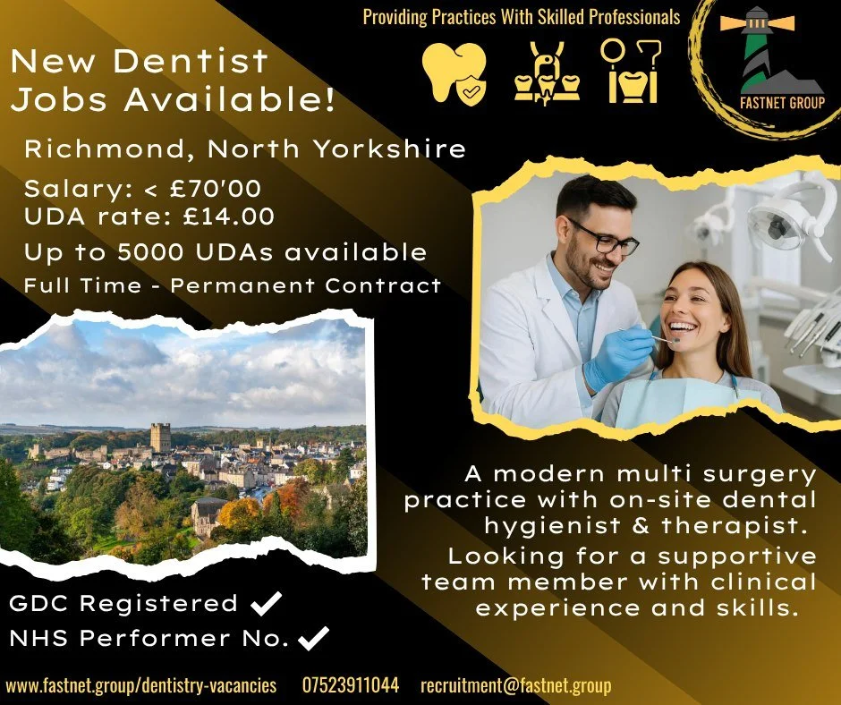 β¨ We’re hiring in North Yorkshire! β¨
Join a modern multi-surgery practice in Richmond — complete with an on-site hygienist and therapist — and take your dentistry career to the next level!
π° Up to £70,000 salary
π £14