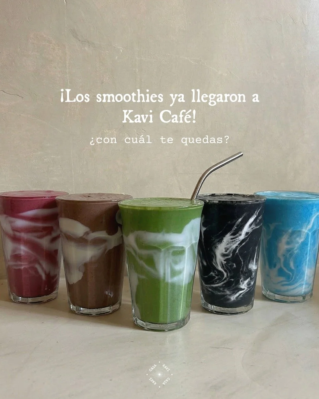 Cinco colores, cinco sabores, una sola pregunta: &iquest;cu&aacute;l va a ser tu favorito?

Nuestros smoothies ya est&aacute;n en Kavi Caf&eacute; 🌿 Creados por @raquelmoveyoursoul hechos by @barista.pelirrojo 🧋
-
Five colours, five flavours, one q