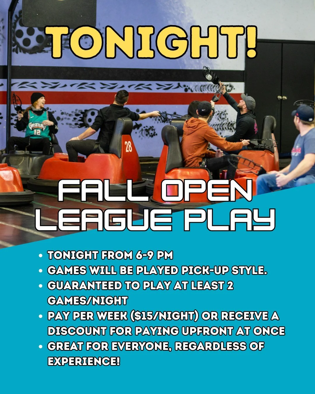 JOIN US TONIGHT for Fall Open League play! Only $15/person and guaranteed to get at least 2 games! #ohio #cleveland #clevelandohio #clevelandsports #gaming #WhirlyBall