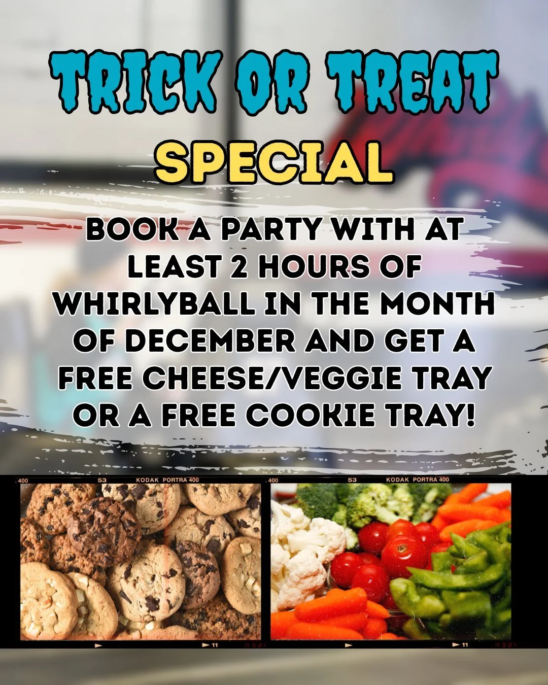 TRICK OR TREAT! Call and book an event with 2 hours of WhirlyBall with a date in December and get 1 free cookie tray OR 1 free cheese/veggie tray! This offer is good now through October 31st, so call soon! #ohio #cleveland #indooractivities #teambuil