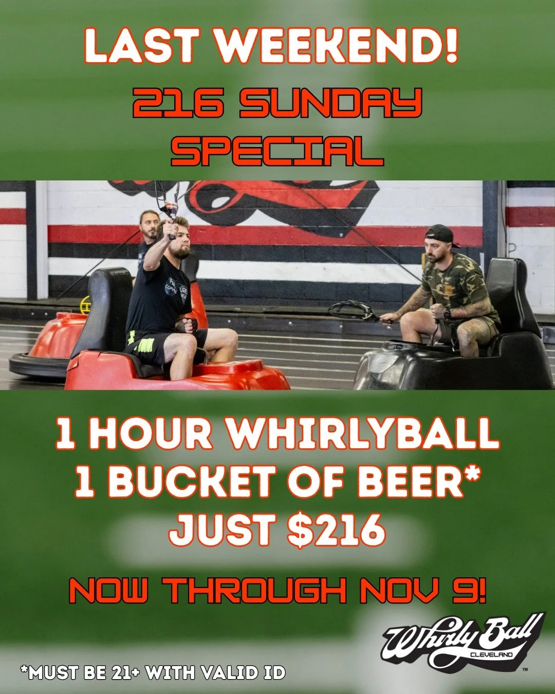 It's the last weekend for the 216 special! 1 hour of WhirlyBall and 1 bucket of beer for just $216! Call to reserve now! #clevelandohio #WhirlyBall #teambuilding #cleveland #whirlyball #indooractivities #clevelandsports #ohio