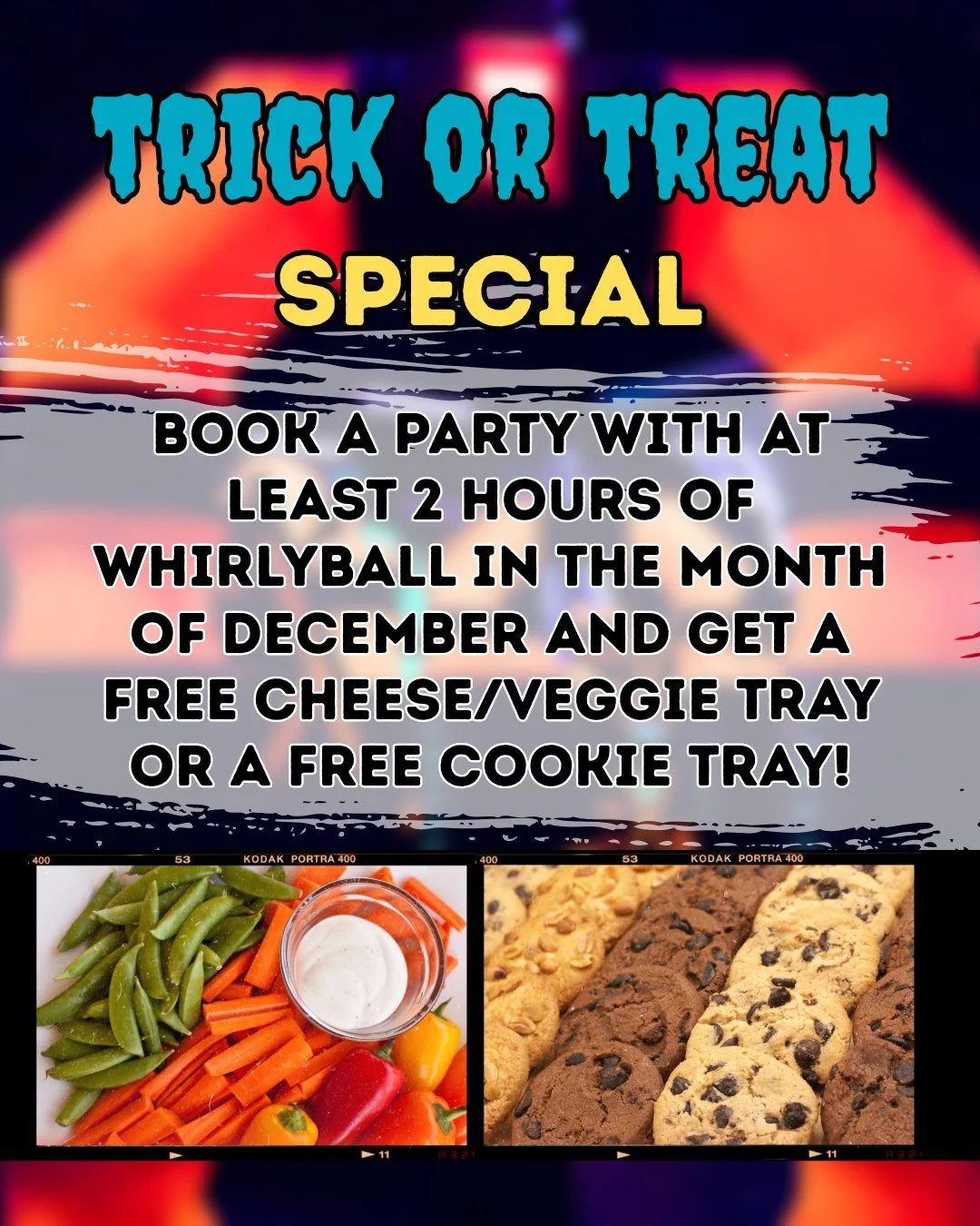 TOMORROW IS THE LAST DAY! TRICK OR TREAT! Call and book an event with 2 hours of WhirlyBall with a date in December and get 1 free cookie tray OR 1 free cheese/veggie tray! This offer is good now through October 31st, so call soon! #ohio #cleveland #