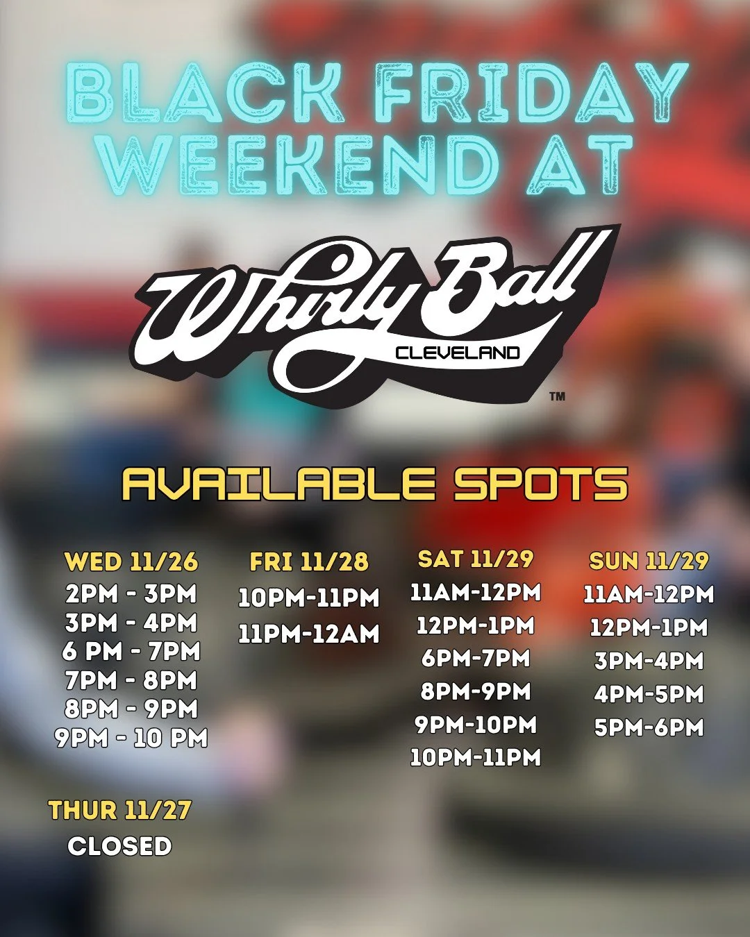 We still have some spots left Black Friday Weekend, and we are excited to announce our sales and specials occurring! Don't forget, we are RESERVATION ONLY for all events so call in advance to book! 
#cleveland #whirlyball #indooractivities #ohio #Whi