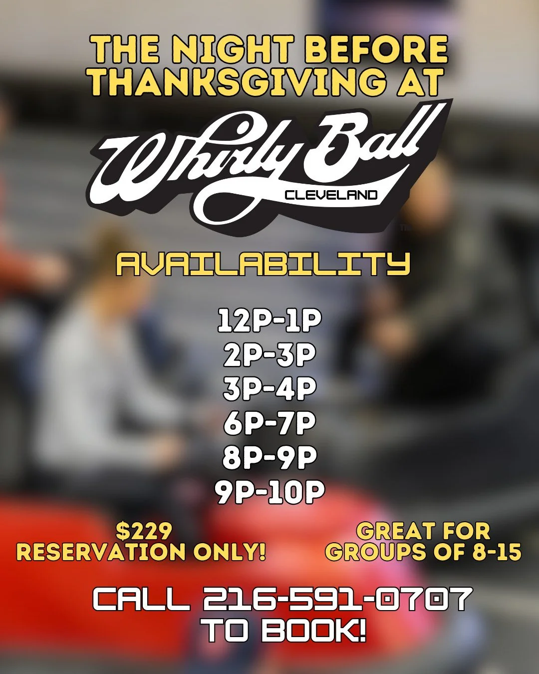 SPOTS ARE FILLING FAST! 
We have limited WhirlyBall availability for the night before Thanksgiving, so don't wait! Call now to book! 
 #familyactivities #gaming #WhirlyBall #ohio #clevelandohio #clevelandsports #indooractivities #cleveland #thingstod