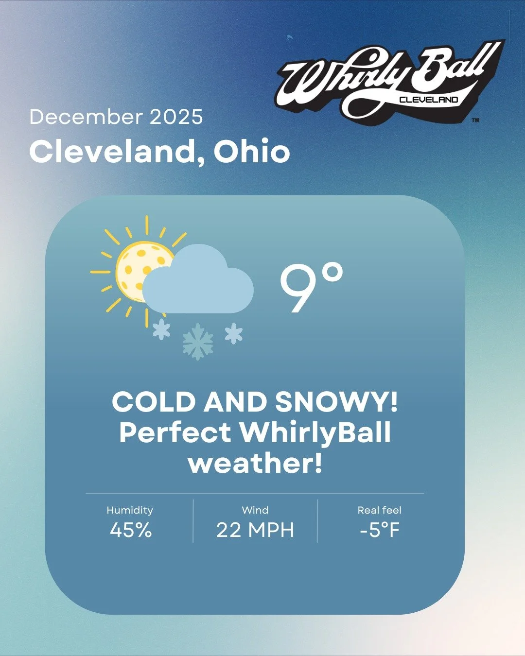 BURRR! It's perfect WhirlyBall weather! Come warm up and have some fun! Book your gathering today! #whirlyball #gaming #familyactivities #ohio #cleveland #clevelandohio #thingstodoincleveland #indooractivities #WhirlyBall