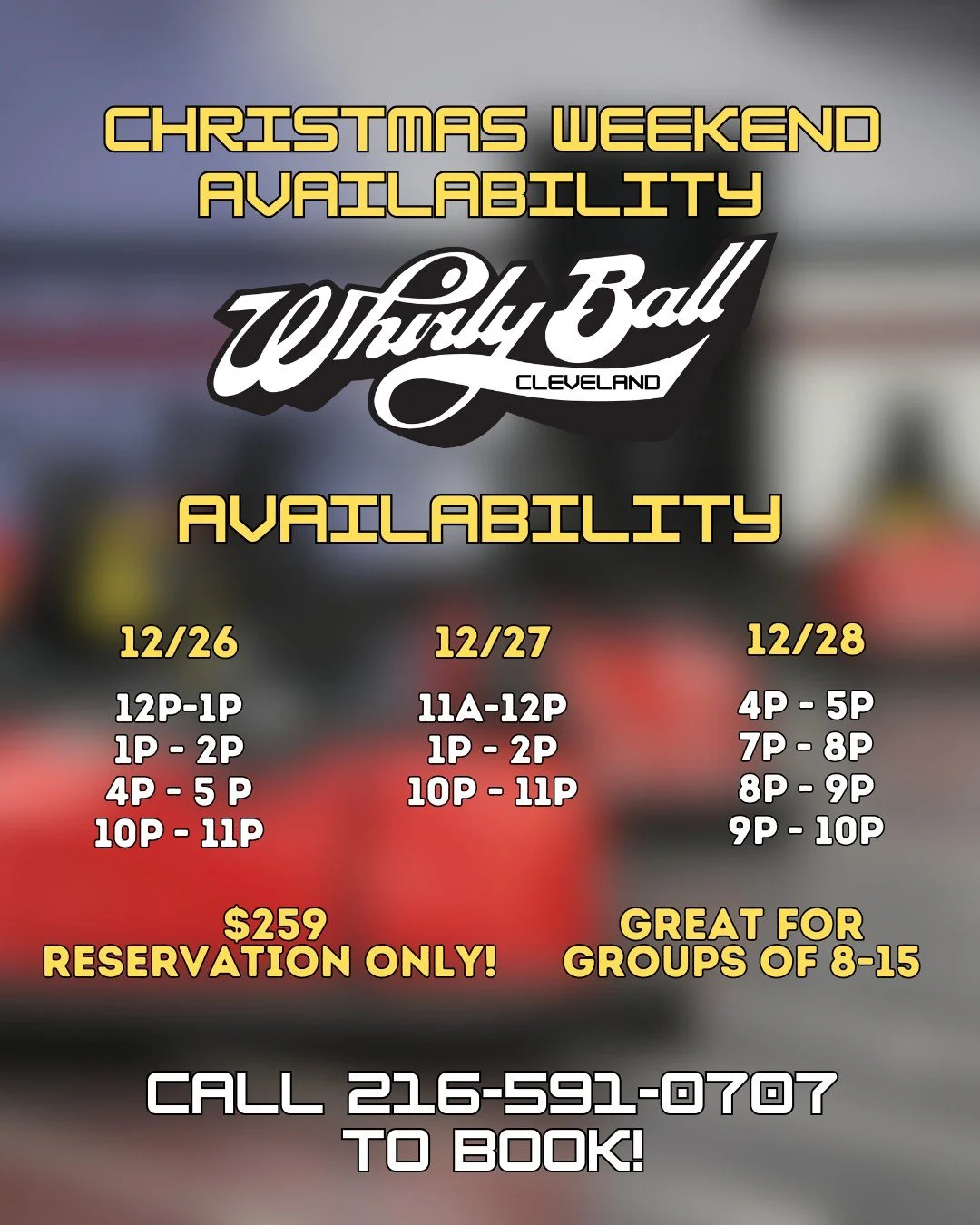 Spots are filling fast! We have limited availability the Friday, Saturday, and Sunday following Christmas! Call to book, now! #clevelandohio #WhirlyBall #gaming #thingstodoincleveland #ohio #whirlyball #cleveland #familyactivities #indooractivities