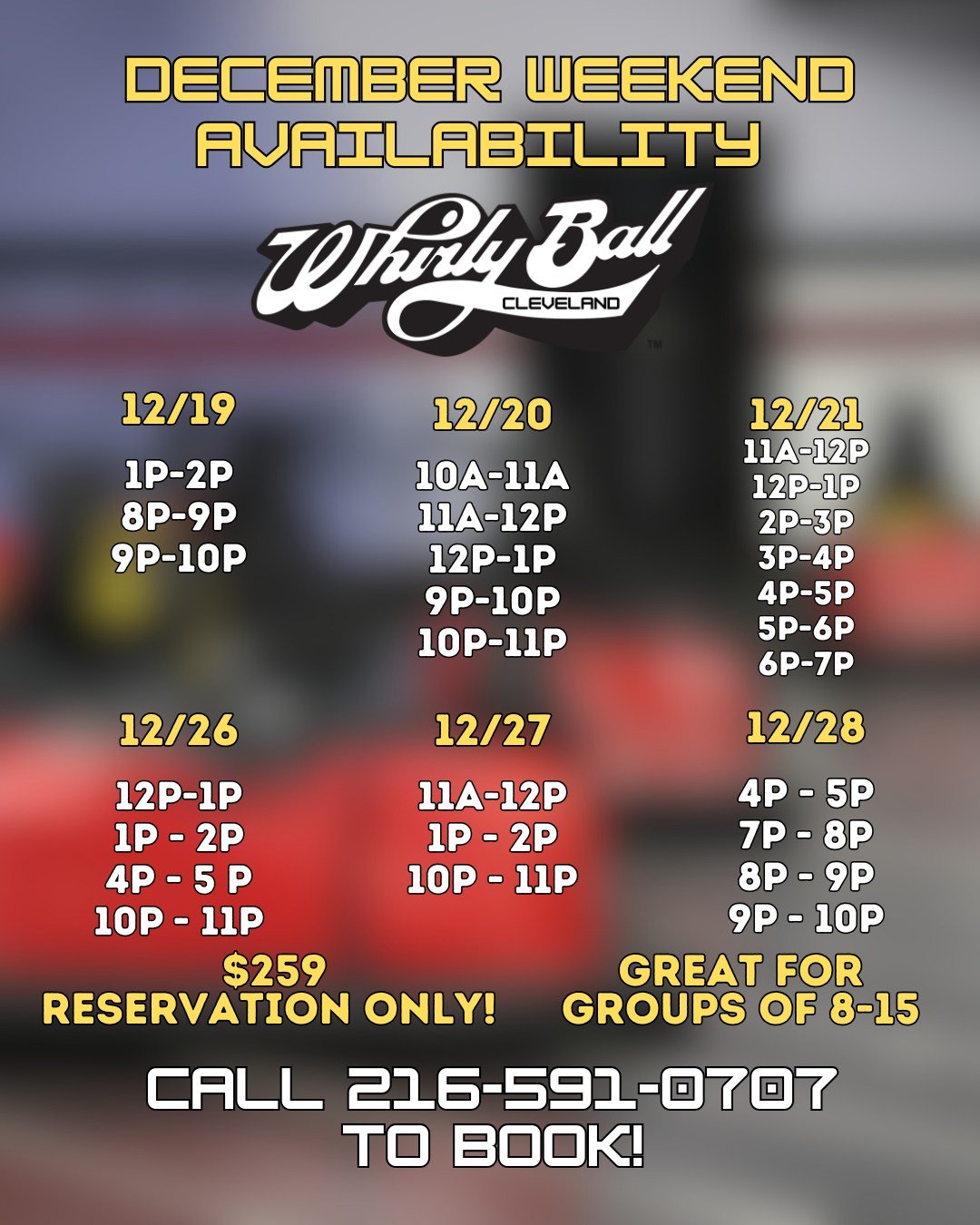 Don't wait, book now! December weekend slots are already pretty full, but we do have limited spots available! Call now to book! #cleveland #thingstodoincleveland #WhirlyBall #familyactivities #gaming #whirlyball #ohio #clevelandohio #indooractivities