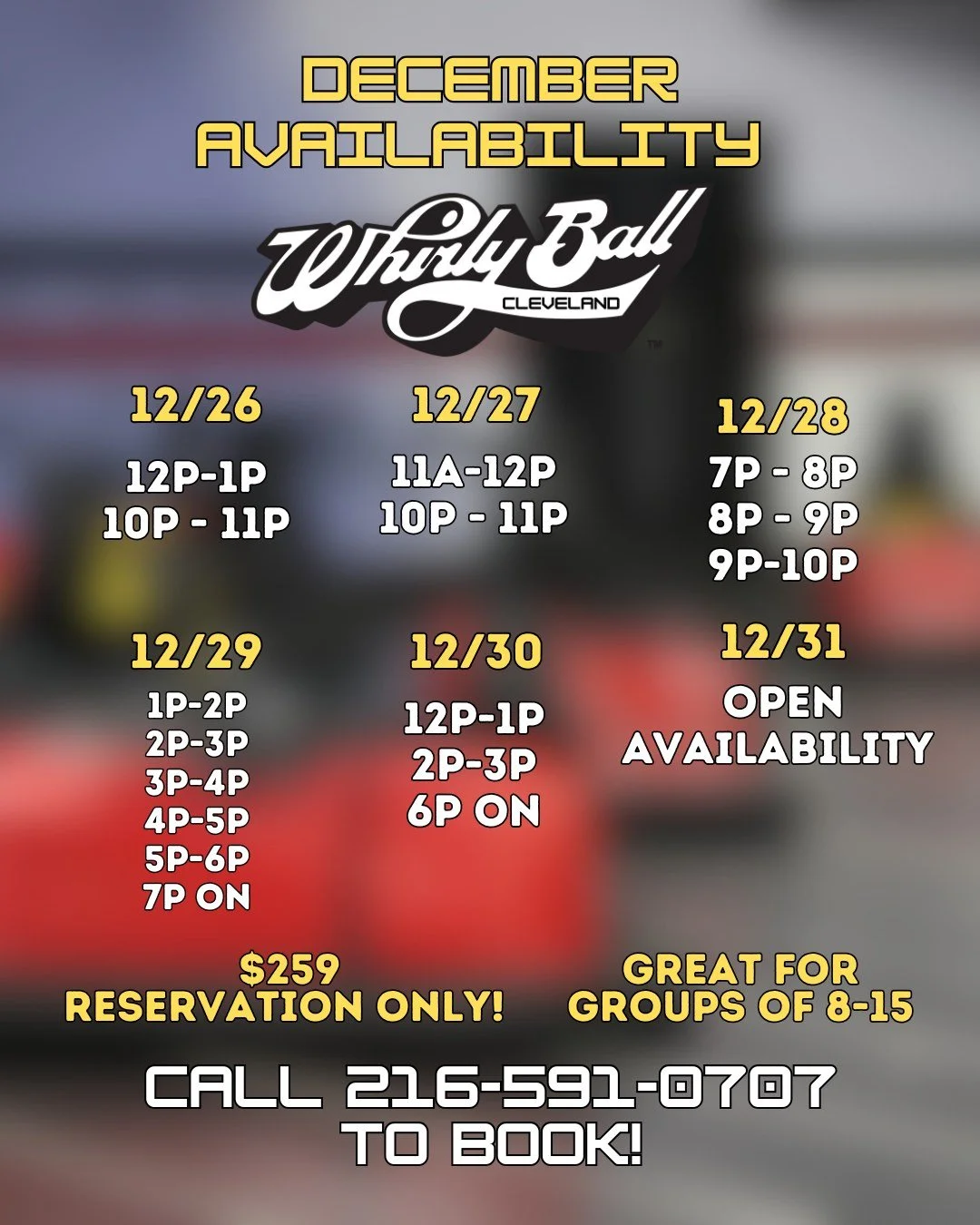 Looking for something to do the week between Christmas and New Years? We've got time available! Call today to book! #ohio #WhirlyBall #clevelandsports #clevelandohio #holidayparties #indooractivities #familyactivities #corporate #teambuilding #things