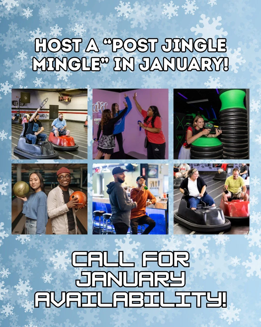 Was December simply too busy for a holiday gathering? Not a problem! Host a "Post Jingle Mingle" in January! Call now to book the ultimate party for you group! #indooractivities #ohio #WhirlyBall #clevelandsports #gaming #cleveland #familya