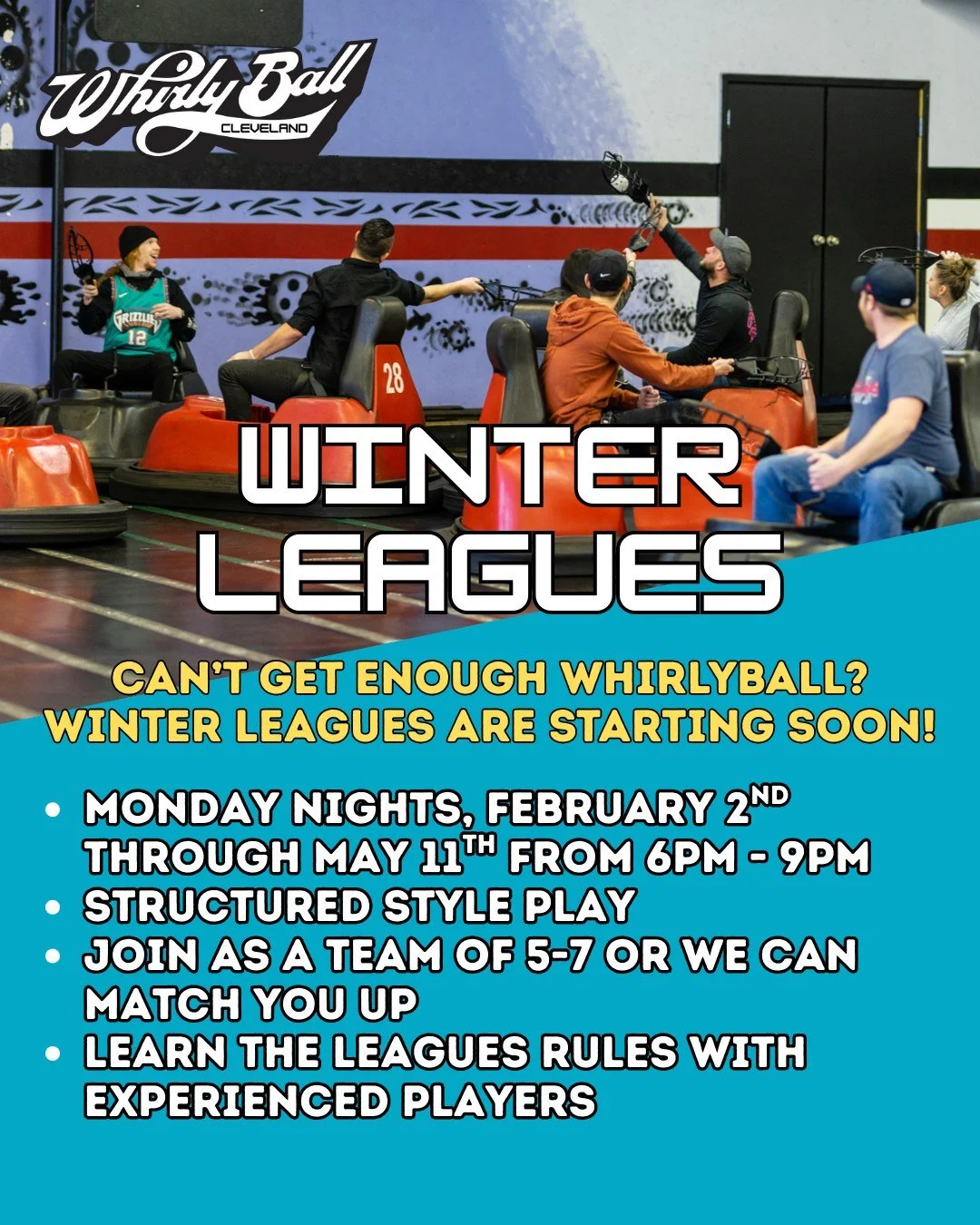 WINTER LEAGUES ARE STARTING SOON! Check out  link in our bio to sign up for more information!

 #thingstodoincleveland #fivestarfriday #ohio #clevelandsports #indooractivities #gaming #cleveland #WhirlyBall