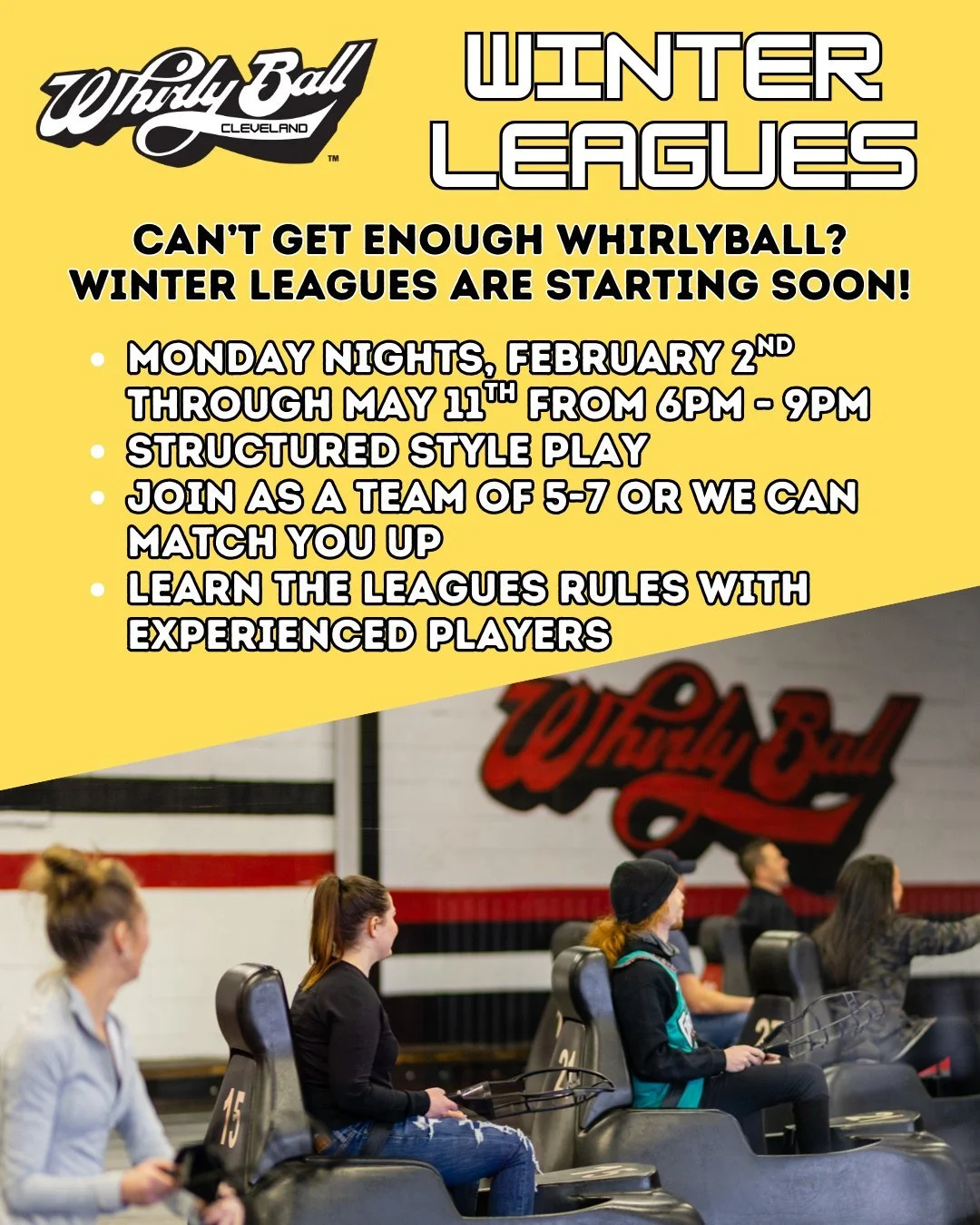 STARTING TONIGHT! It isn't too late to check out the link in our bio to sign up for more information!

 #thingstodoincleveland #fivestarfriday #ohio #clevelandsports #indooractivities #gaming #cleveland #WhirlyBall