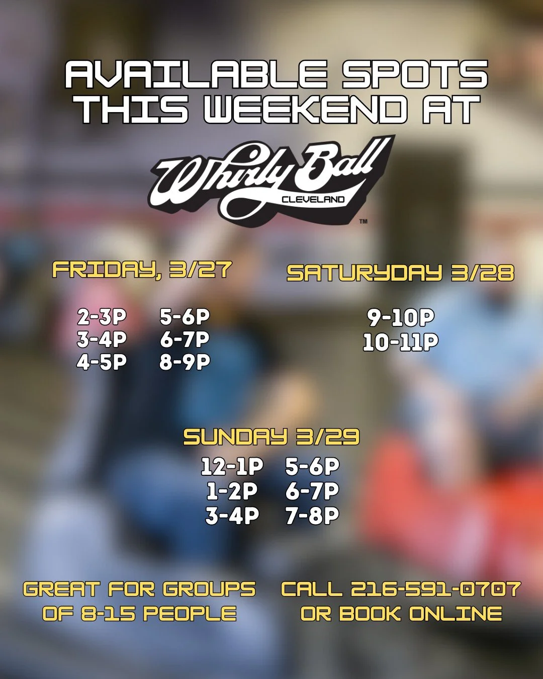 Saturday is pretty full, but we have good availability on Friday and Sunday! Call or book online to secure your spot! #indooractivities #WhirlyBall #cleveland #clevelandohio #thingstodoincleveland #clevelandsports