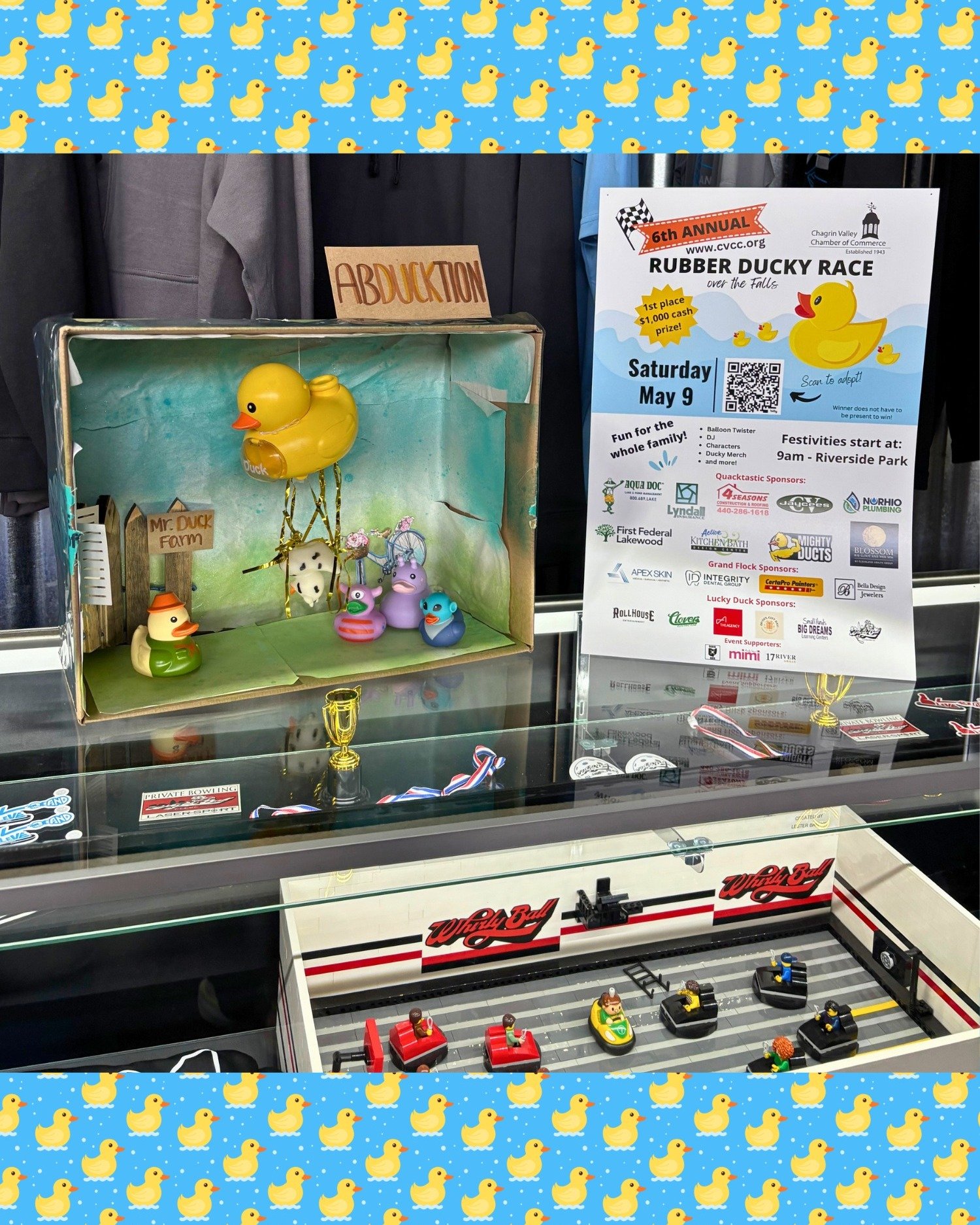 the @chagrinvalleychamber Rubber Duck Race is coming up on May 9th! Our very own June M. made us this display to celebrate our participation in this unique and exciting event! We hope to see everyone there! #gaming #thingstodoincleveland #WhirlyBall